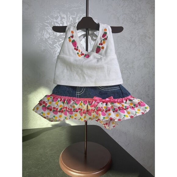Build-A-Bear Workshop 2-Piece Outfit White Halter Top Denim Skirt Floral Print - Picture 1 of 7